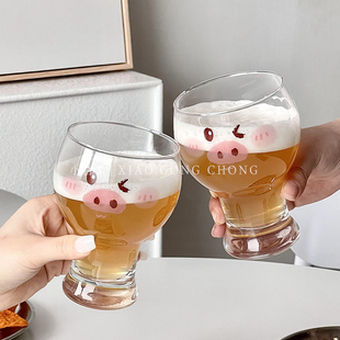 原创啤酒杯个性超萌猪猪玻璃杯女生可爱家用杯子牛奶杯饮料果汁杯