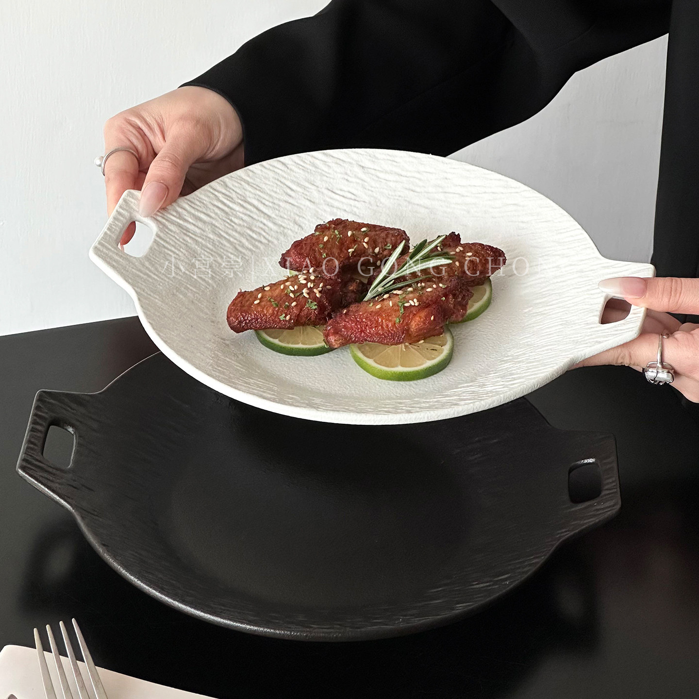 陶瓷釉下彩西餐餐具双耳盘热菜盘