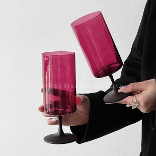 复古玫红色直筒高脚玻璃杯高颜值创意氛围感红酒杯甜酒杯果汁杯子