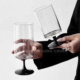 ins风直筒黑底高脚杯创意高级感红酒杯小众氛围感玻璃杯果汁杯子