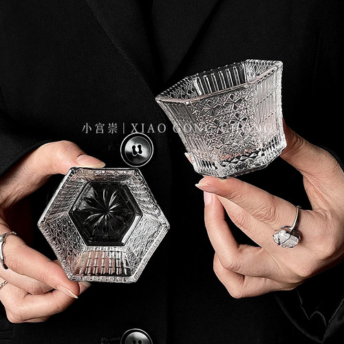 日式六角雕花清酒杯中古杯