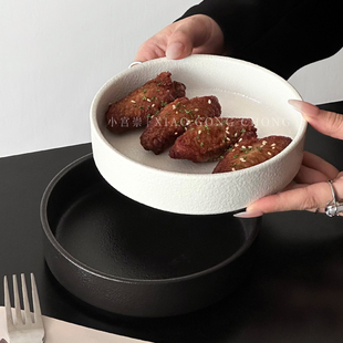 高级感石纹深盘陶瓷盘家用轻奢圆盘菜盘沙拉盘西餐盘汤盘牛排盘子