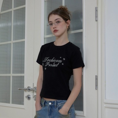 美式复古烫钻短款修身短袖t恤