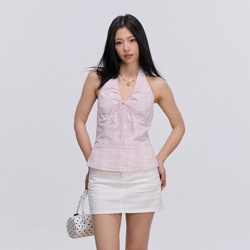 美式复古粉色条纹挂脖吊带背心