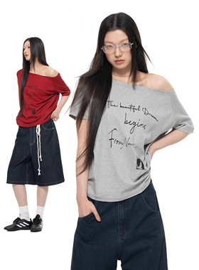 Archivum 复古字母印花一字肩斜肩短袖女简约休闲宽松显瘦上衣T恤