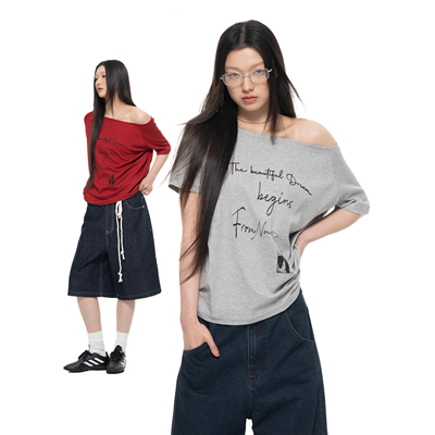 Archivum复古一字肩斜肩T恤