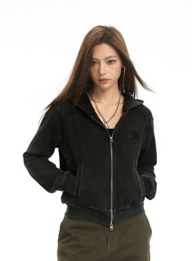 ARCHIVUM 美式复古水洗做旧短款连帽卫衣 刺绣双拉链基础百搭帽衫