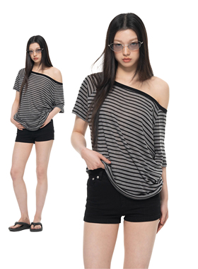 Archivum 天丝羊毛混纺斜肩露肩复古条纹撞色T恤女显瘦辣妹上衣