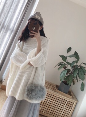 白色马海毛粗针毛衣女冬小个子宽松慵懒风中长款针织裙2022新款秋