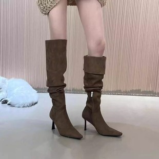 疯狂星团~复古真皮过膝长靴女细跟尖头褶皱堆堆靴大筒围两穿靴子
