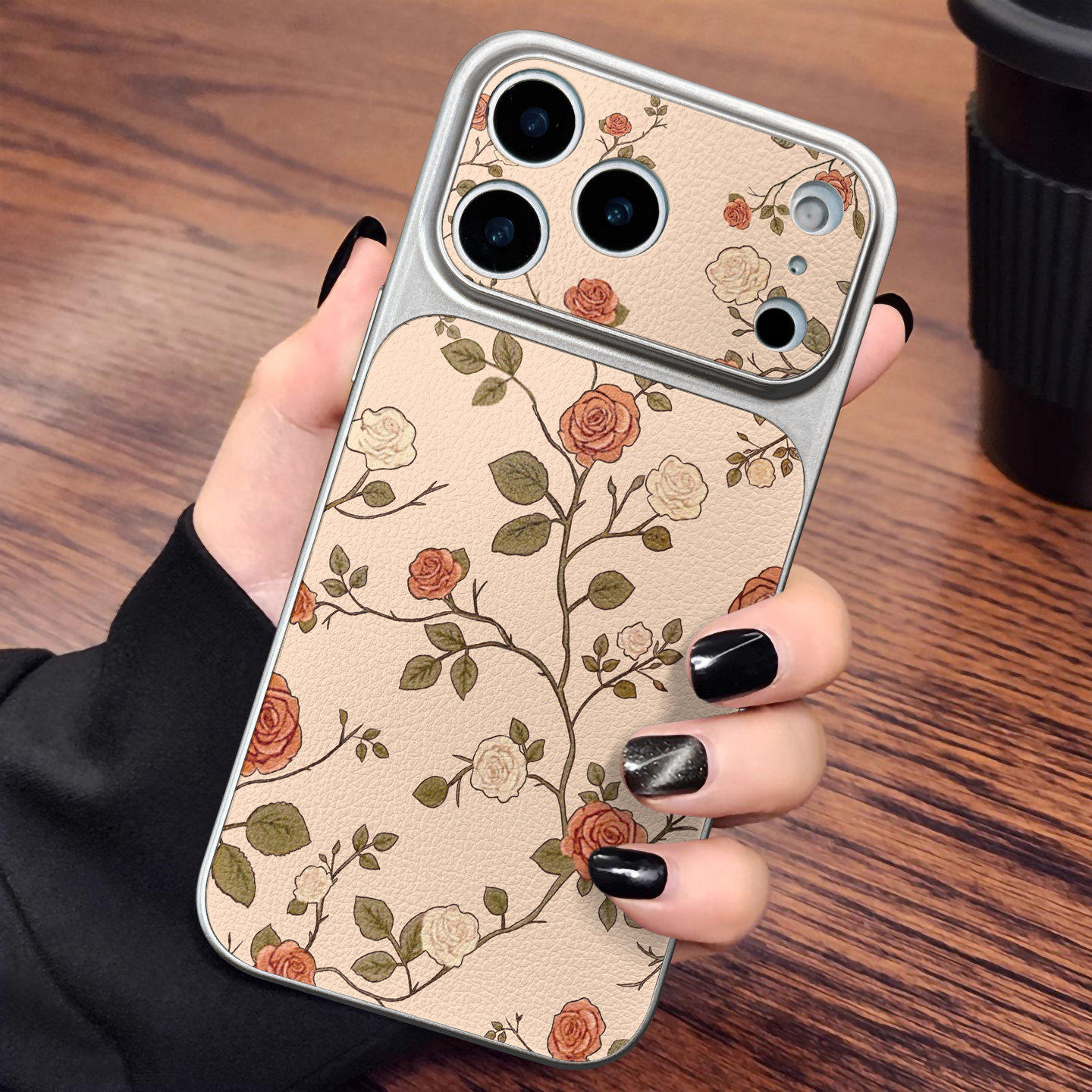 适用于苹果17promax手机壳新款素皮柔枝浅花套全包大视窗高级感网红13简约14外iphone15防摔16pro软