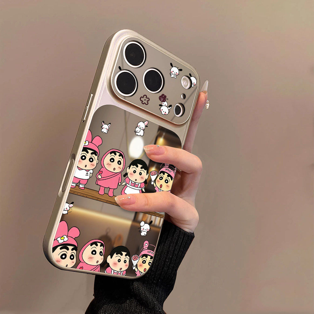 粉色小新适用苹果17promax手机壳iPhone16pro新款16plus镜面15大视窗套硅胶14防摔13女款全包air秒变17高级