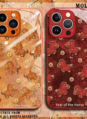 鎏金小马适用华为pura80手机壳mate70pro马年nova14新款13新年12本命年10荣耀500玻璃400橙色300红200/x60/50