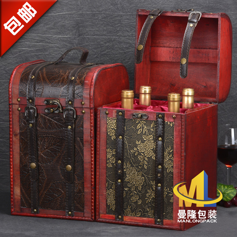 厂家直销复古四支红酒木盒4瓶装葡萄酒木箱子仿古皮盒礼品包装盒|msdalam kategori pinggan mangkuk, Flagon/Wineglass/Wine, Wine - dari Buy2taobao.com untuk memberikan perkhidmatan ejen Taobao profesional membeli