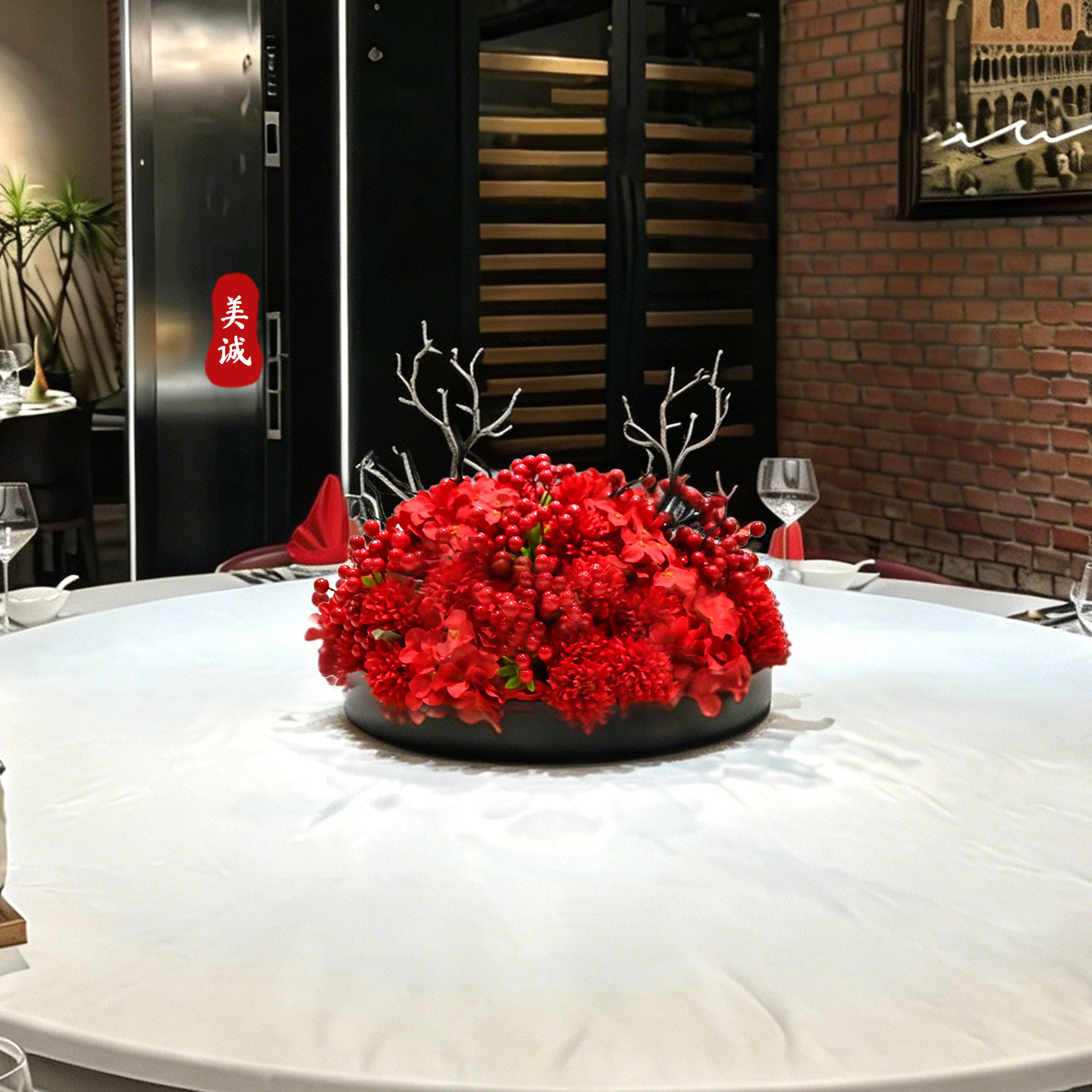 酒店包厢餐桌中间摆花转盘仿真花