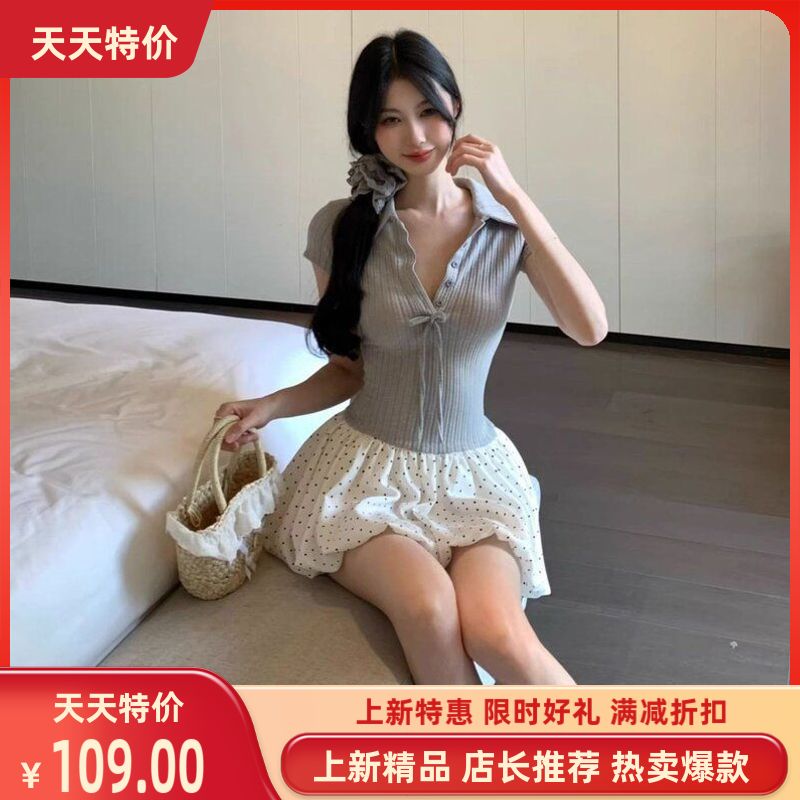 小个子纯欲感初夏绝美减龄灰色小花苞连衣裙子女巨好看收腰短裙