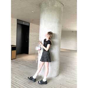 孔真真娜碎花油画黑色短裙夏日女式圆点饼裙小短裙