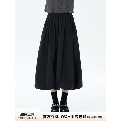 夏装黑色百褶裙夏装松紧带腰宽松覆古小a字裙