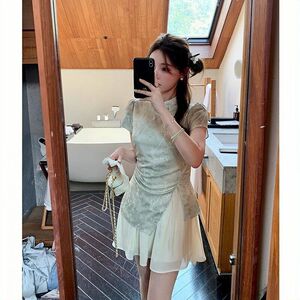 国风假两件收腰连衣裙夏新中式中国改良旗袍女不规则拼接清冷绿竹