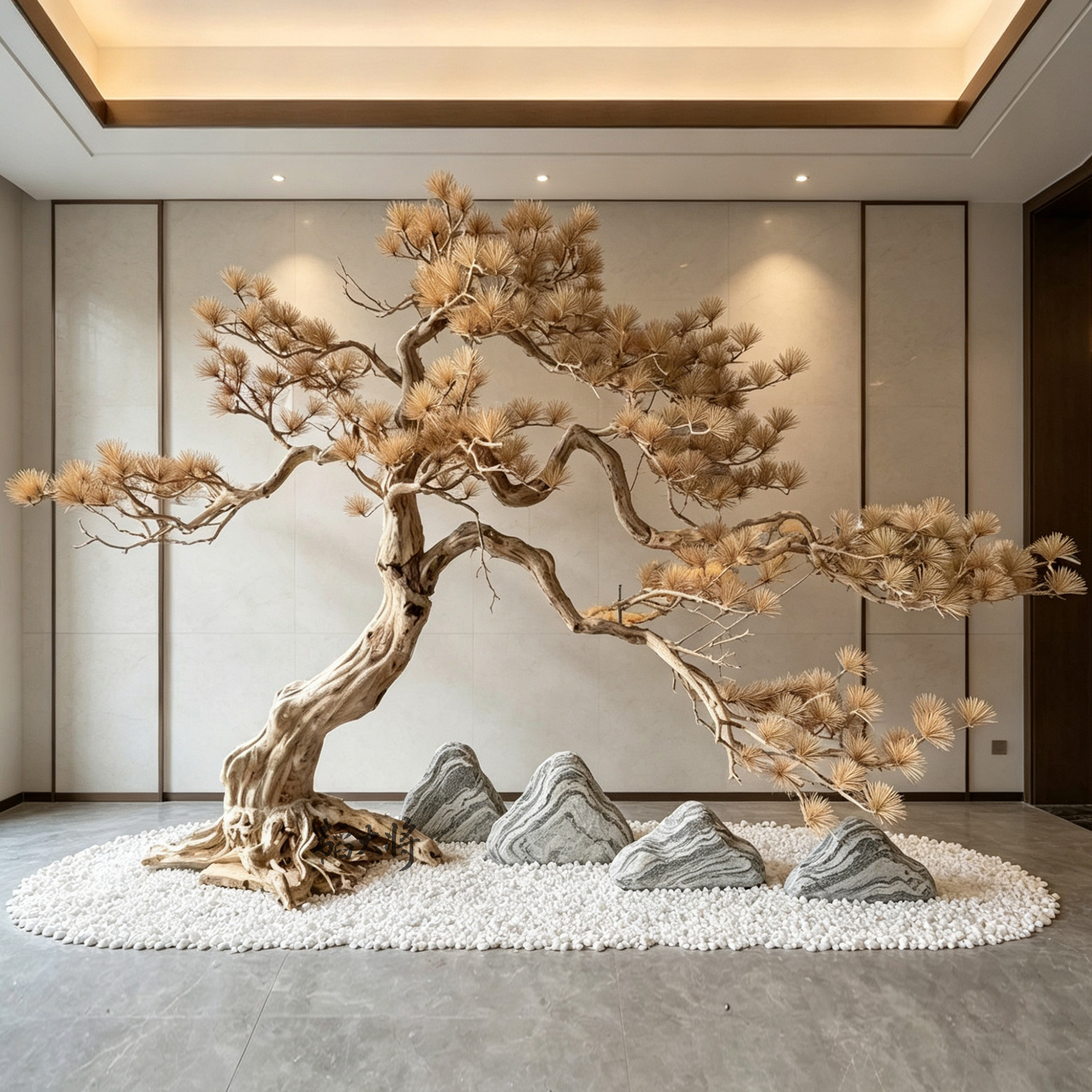 仿真迎客松枯山水室内造景摆件