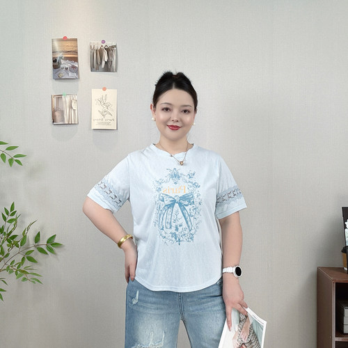 蕾丝花边拼接短袖t恤女大码上衣