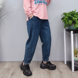 显瘦休闲宽松哈伦老爹裤 秋季 春装 女胖mm200斤大码 松紧高腰牛仔裤