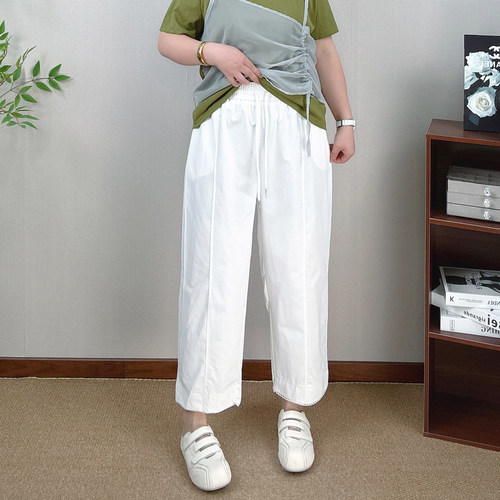 松紧高腰阔腿裤女大码九分休闲裤