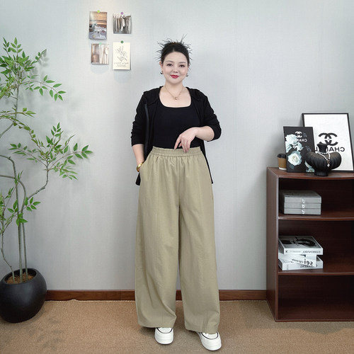 松紧腰阔腿裤女大码弯刀休闲裤子