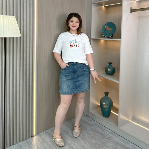 大码女夏装高腰弹力牛仔半身裙裤