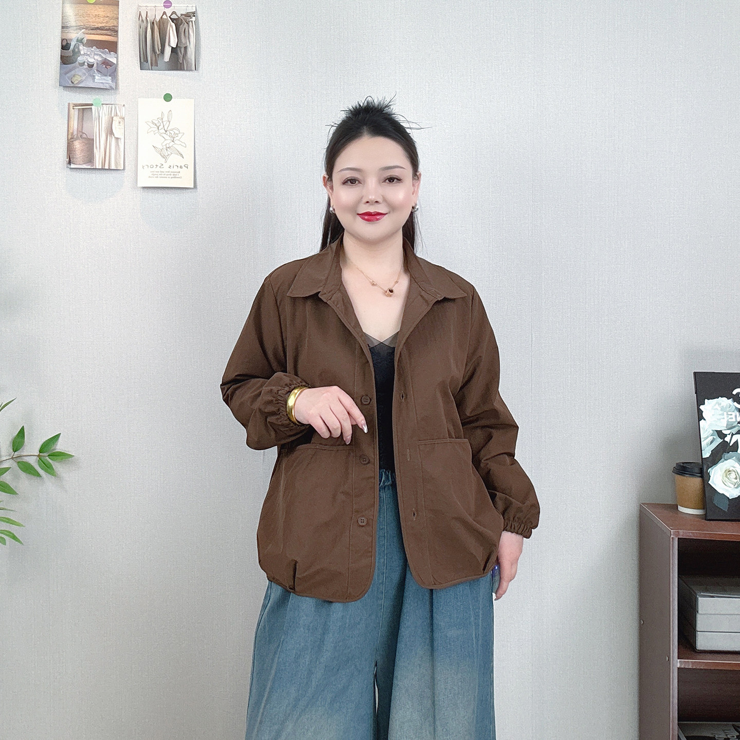 大码女秋装新款翻领衬衫外套女宽松显瘦百搭减龄休闲时尚长袖上衣