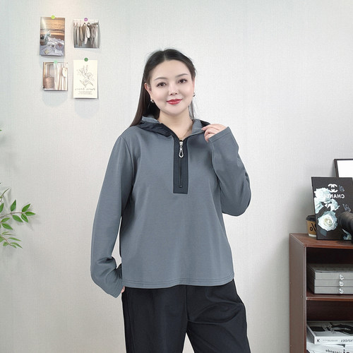 大码秋装半拉链连帽卫衣女打底衫