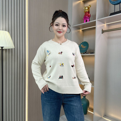 大码女装圆领长袖小狗狗刺绣毛衣