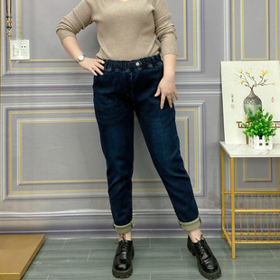 高腰显瘦老爹裤 松紧腰加绒牛仔裤 保暖哈伦裤 胖mm宽松秋冬季 女大码