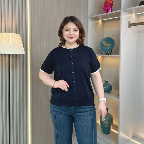 夏季大码假两件撞色针织开衫上衣