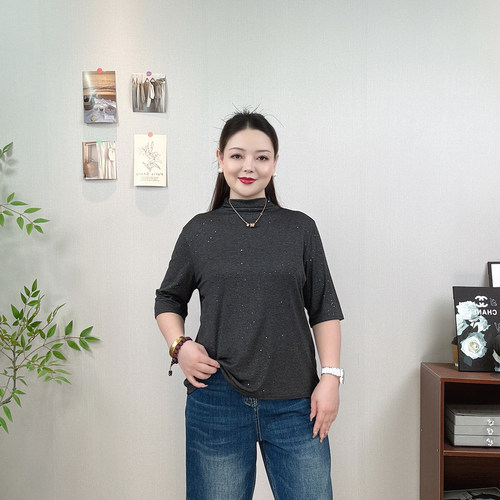 大码春秋装新款半高领中袖T恤女