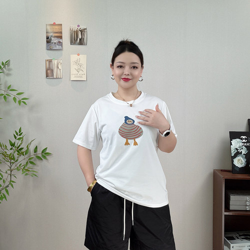 大码女装白色卡通印花短袖T恤女