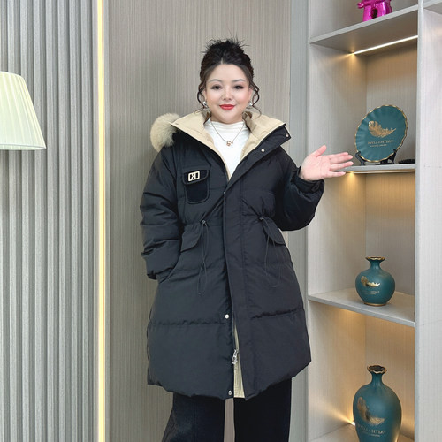 大码女装真毛领白鸭绒羽绒服外套