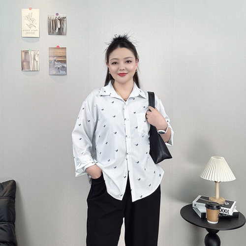 条纹长袖衬衫女大码翻领时尚衬衣