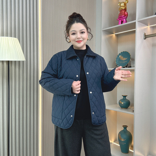 秋冬新款 胖mm宽松遮肚保暖翻领纽扣棉衣外套 菱格纹夹棉棉服女大码