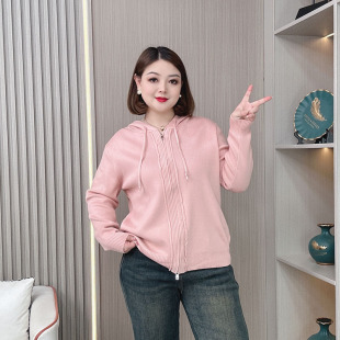 胖mm宽松显瘦双拉链针织开衫 女装 外套 大码 秋冬连帽毛衣女2026新款