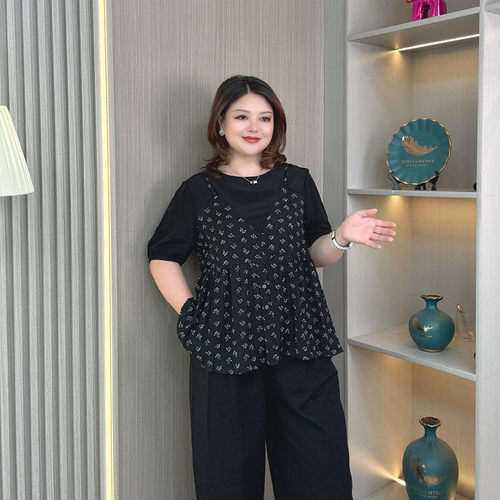 胖mm大码夏季假两件短袖上衣T恤