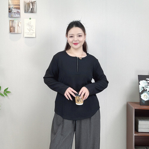 大码半拉链圆领长袖T恤女打底衫