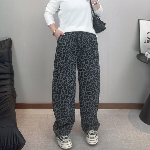 大码高腰显瘦豹纹阔腿裤女弯刀裤