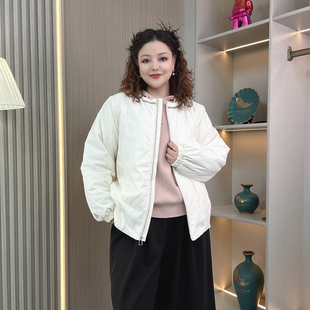 夹棉保暖防风棉衣上衣 白色圆领拉链棉服宽松休闲外套冬季 大码 女装