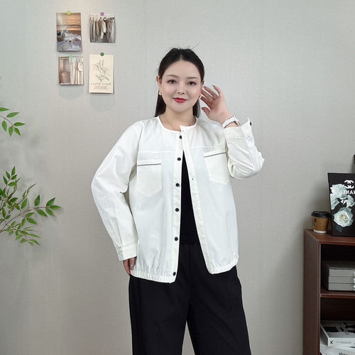 大码新款双口袋长袖短外套女夹克