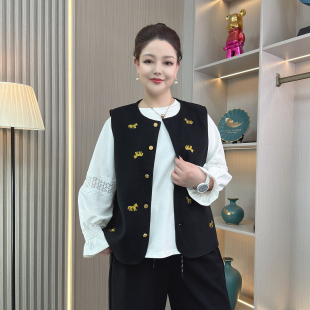 重工刺绣红色坎肩背心 大码 马年新中式 国风气质毛呢马甲外套春秋款