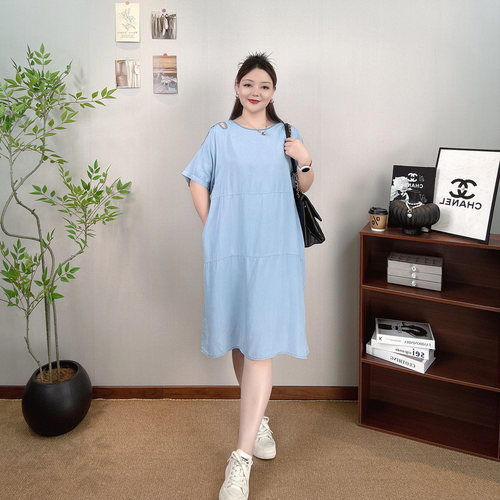 大码天丝牛仔连衣裙女露肩A字裙