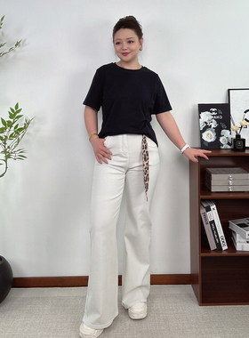 白色高腰微喇裤女2026春季新款大码胖mm弹力显瘦休闲阔腿拖地长裤
