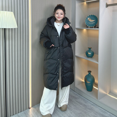 微胖mm大码女装2025冬季新款保暖白鸭绒连帽羽绒服中长款加厚外套