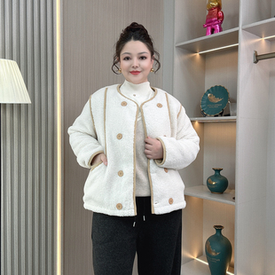 大码 双排扣羊羔绒棉服女加厚保暖胖妹妹宽松显瘦夹棉棉衣外套 冬季